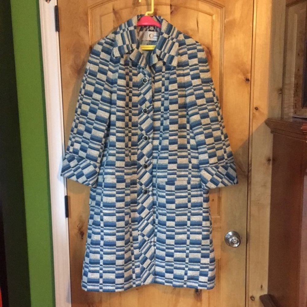 ZURICH MODEL HOUSE GROUP Cosma 2-Pocket Blue Ivory Geo Lined Vintage Coat EUC M